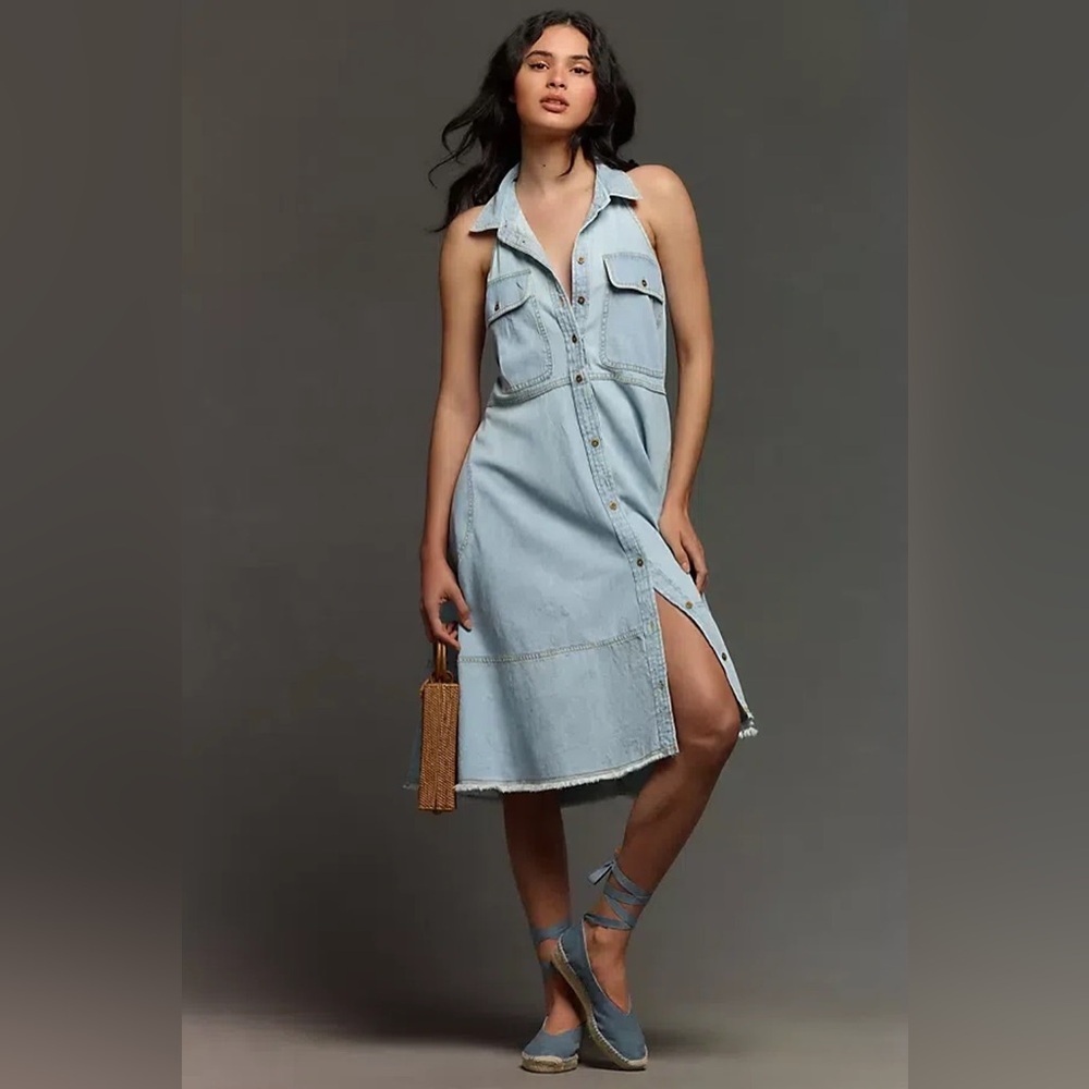 Anthropologie x Pilcro sleeveless blue denim swing midi dress M